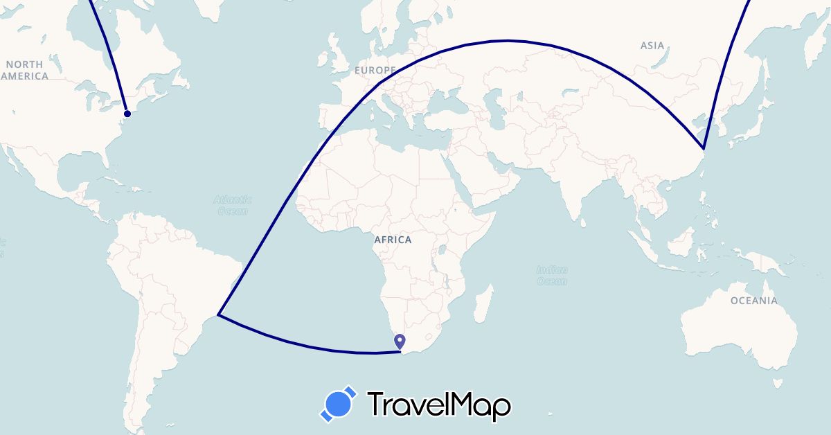 TravelMap itinerary: driving in Brazil, China, Germany, United States, South Africa (Africa, Asia, Europe, North America, South America)